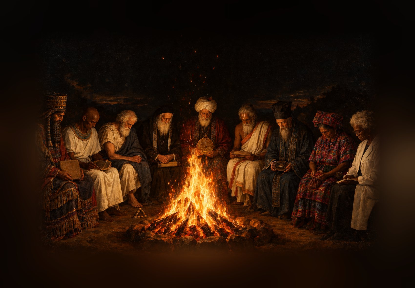 Le conseil des anciens : neuf figures de traditions différentes, et une scientifique, assis autour d'un même feu